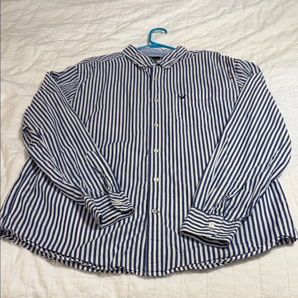 American Eagle Outfitters Navy and White Striped Button-Down Shirt